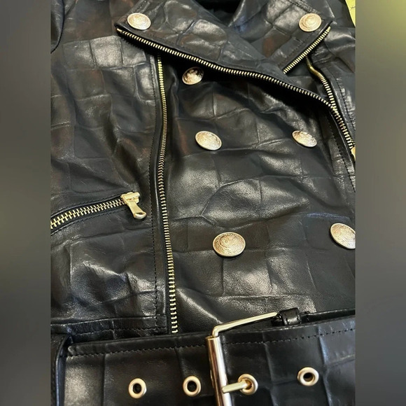 Nwot L’AGENCE Billie Black Croc Embossed Leather Double Breasted Moto Jacket XS - Picture 13 of 13